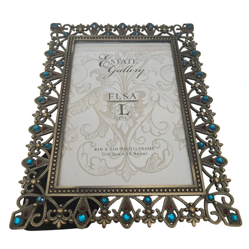 Jeweled/Rhinestone Gold Look Metal Picture Frame Holds 4X6 Photo Elsa L Inc